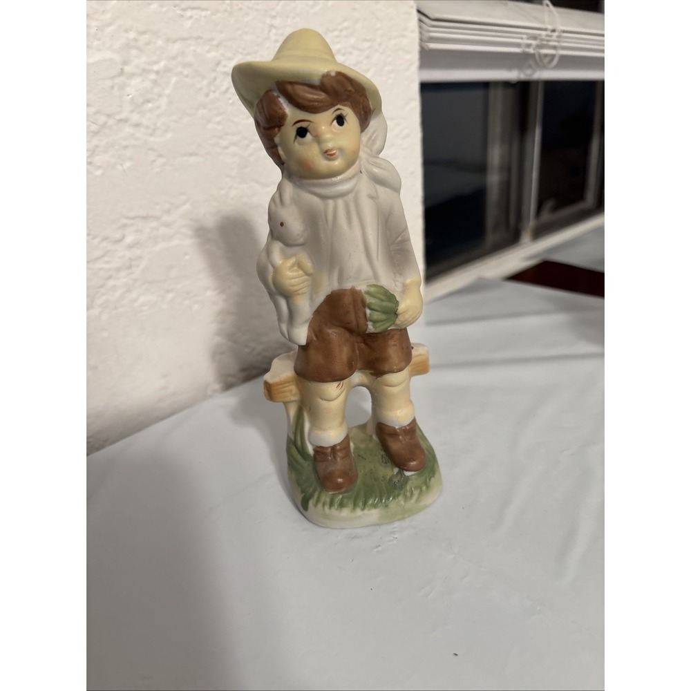 Vintage Little Boy in Yellow‎ Cap Holding A Bunny Porcelain Figurine